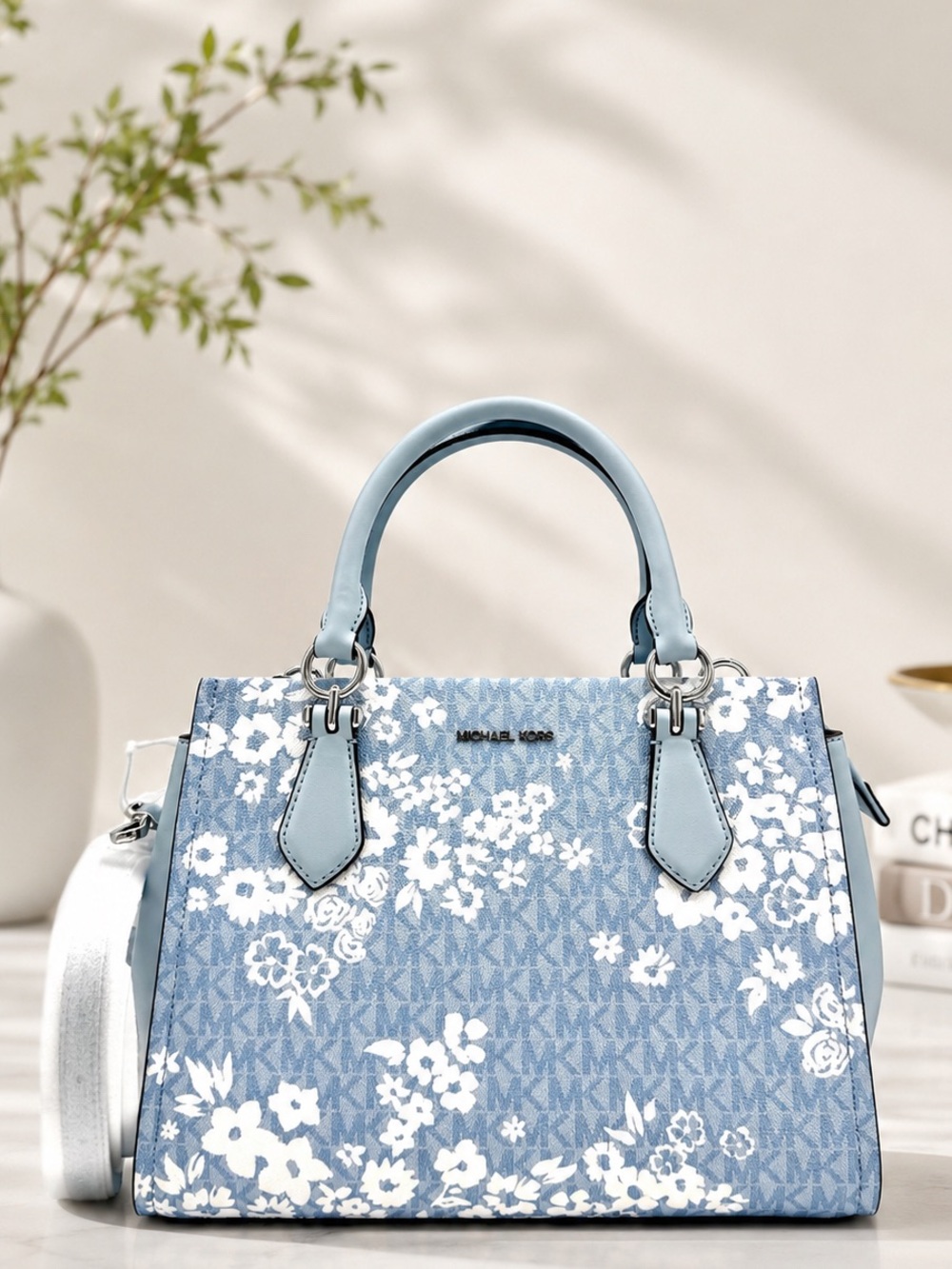 Michael Kors Marilyn Medium Printed Signature Logo Satchel Bag - Pale Ocean
